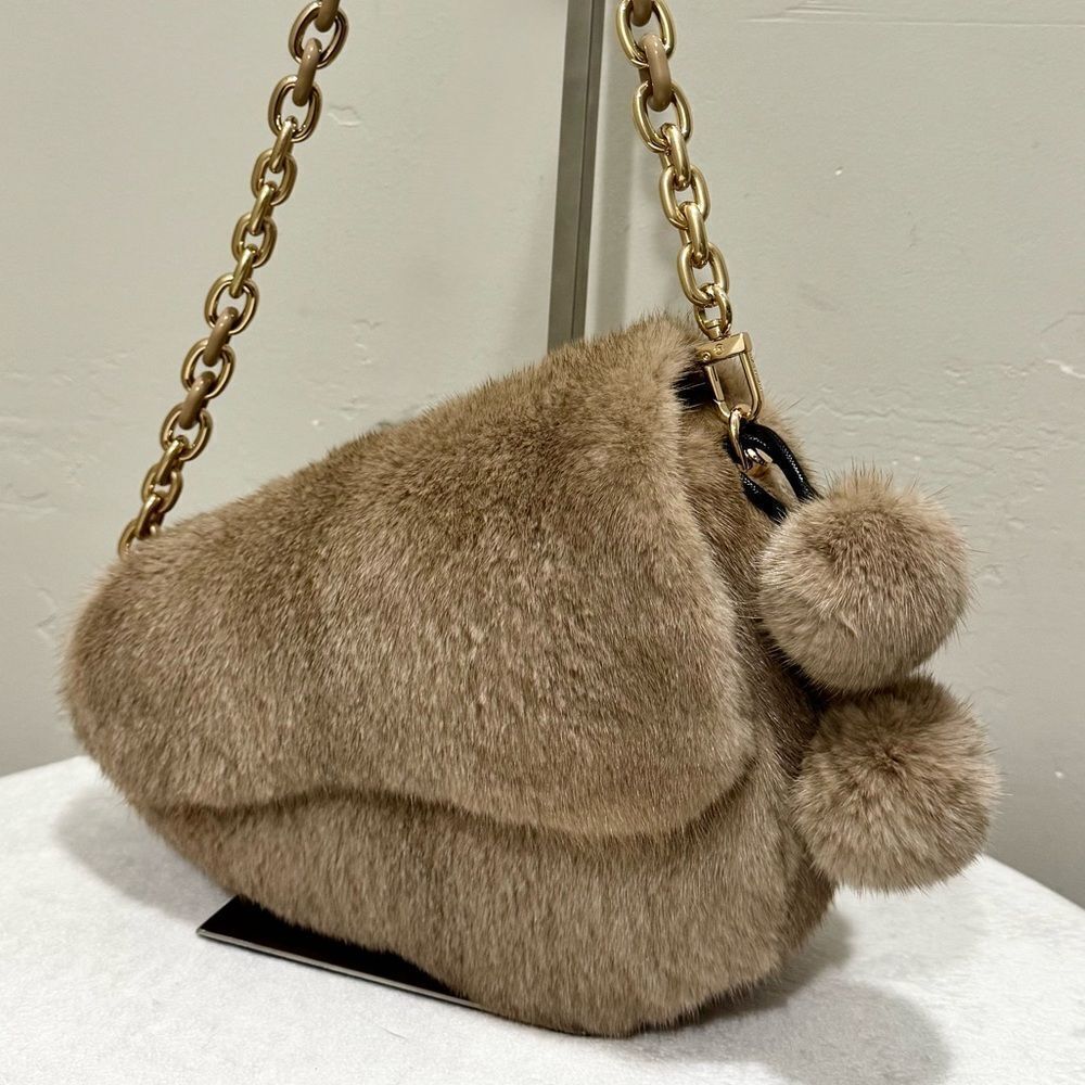 Natural Mink Fur Handmade Asymmetric Saddle Bag/Crossbody & 2 Mink Fur Charm - Picture 5 of 16
